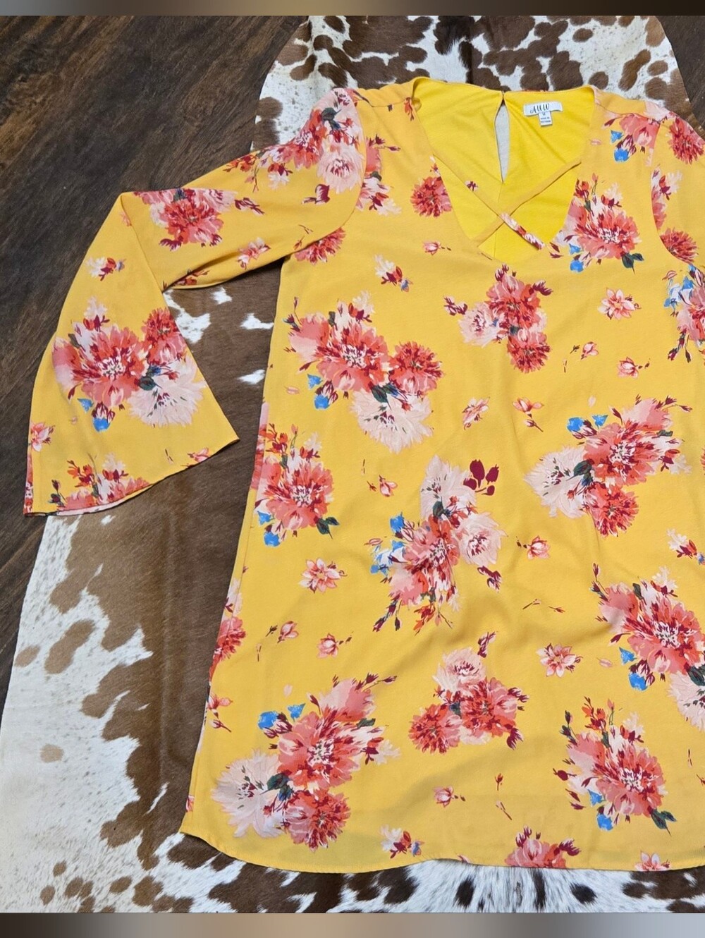 Vibrant Floral Bell Sleeve Dress with Necklace